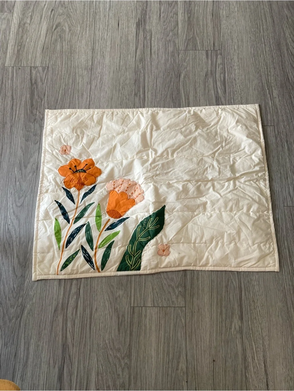 Crate & Barrel Cream Quilted Pillow Sham with Orange Floral Appliqué Standard